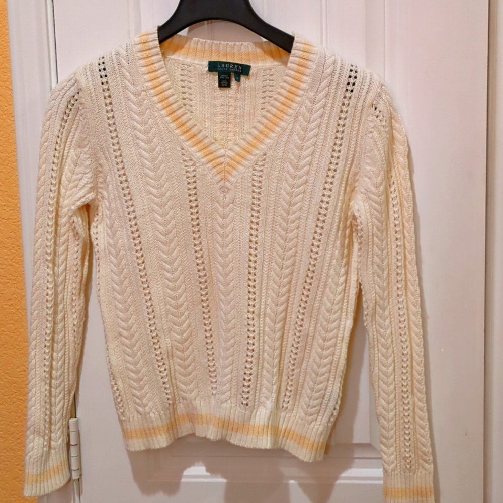 Lauren Ralph Lauren v-neck cable knit M cream, peach large, 100% cotton